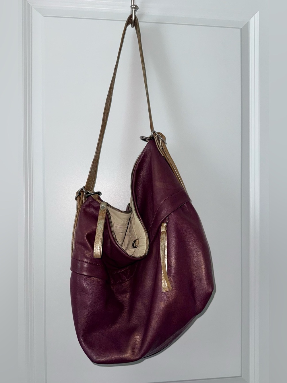 Women’s Rough & Tumble Leather Hobo Bag in Deep Plum with Gold Accents